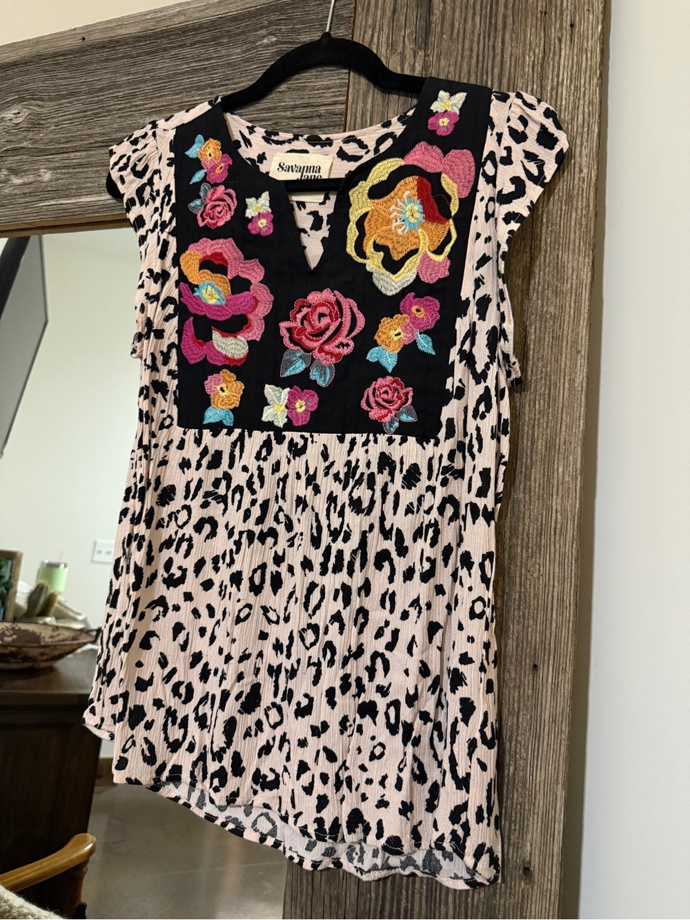 Savanna Jane Pink Leopard Print Top with Colorful Floral Embroidery